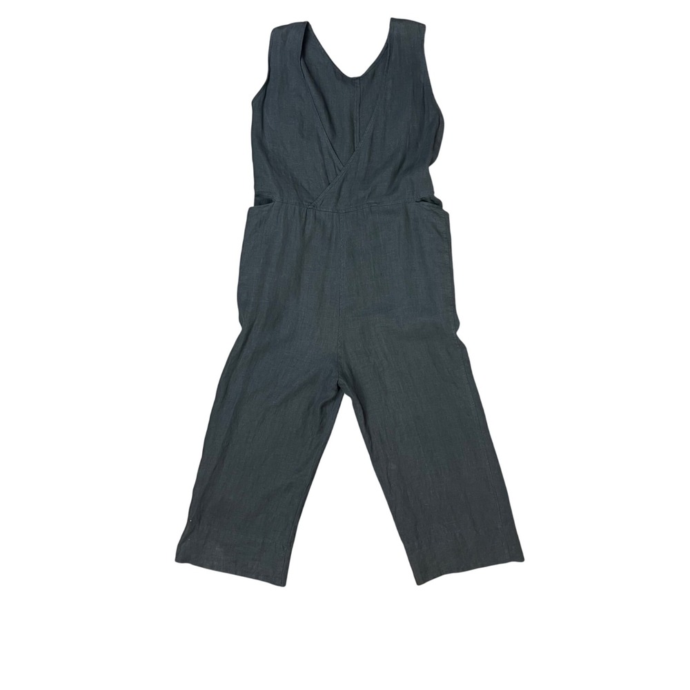 Back Beat Co 100% Linen Surplice Wrap Jumpsuit Moss Green Wide Leg Womens S